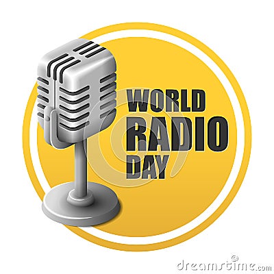 World radio day lettering with isometric realistic retro microphone logo Vector Illustration